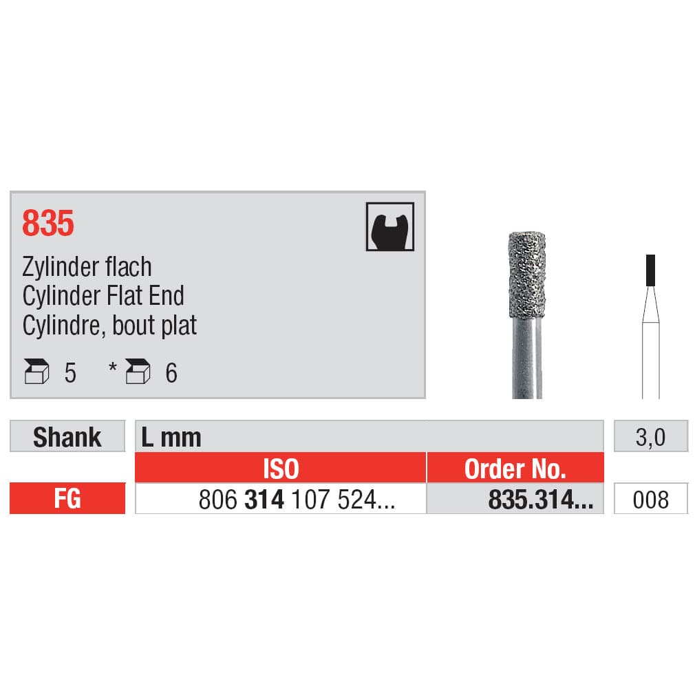 Diamond Burs, Cylinder Flat End FG-8
