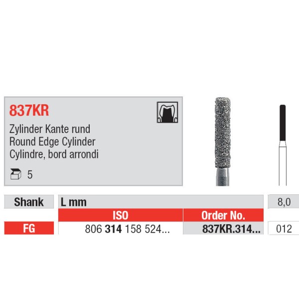 Diamond Burs, Round Edge Cylinder FG-12 - Edenta -