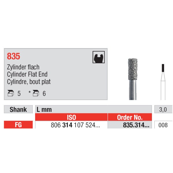 Diamond Burs, Cylinder Flat End FG-8 - Edenta -