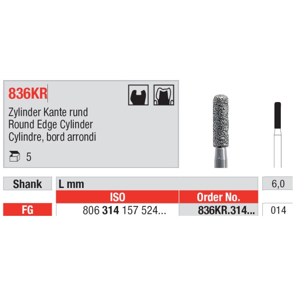 Diamond Burs, Round Edge Cylinder FG-14 - Edenta -