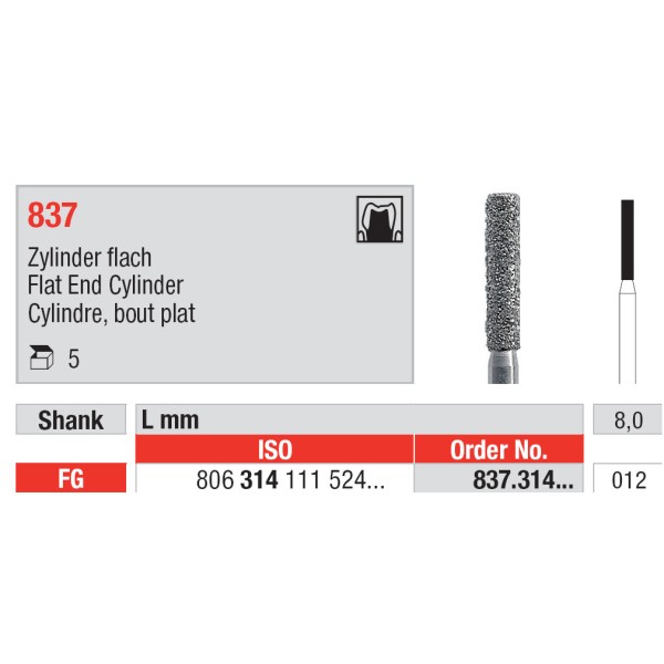 Diamond Burs, Round Edge Cylinder FG-12 - Edenta -