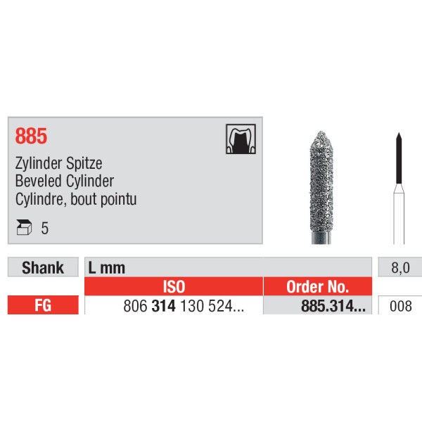 Diamond Burs, Beveled Cylinder FG-8 - Edenta -
