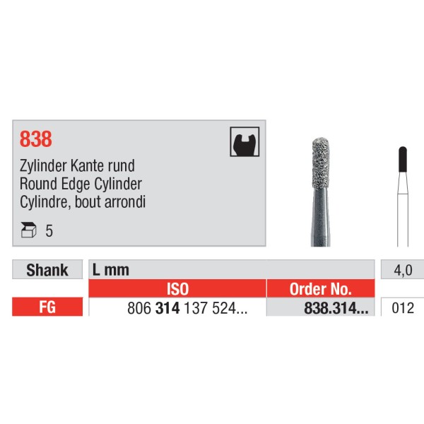 Diamond Burs, Round Edge Cylinder FG-12 - Edenta -